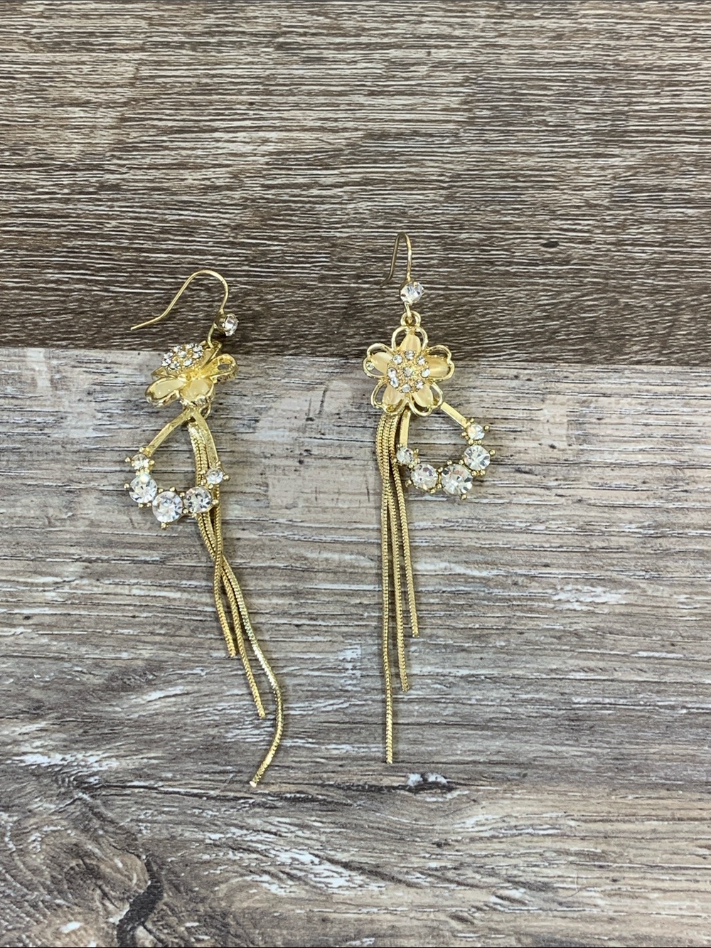 Gold Tone Floral Crystal Tassel Drop Earrings - Women Jewelry